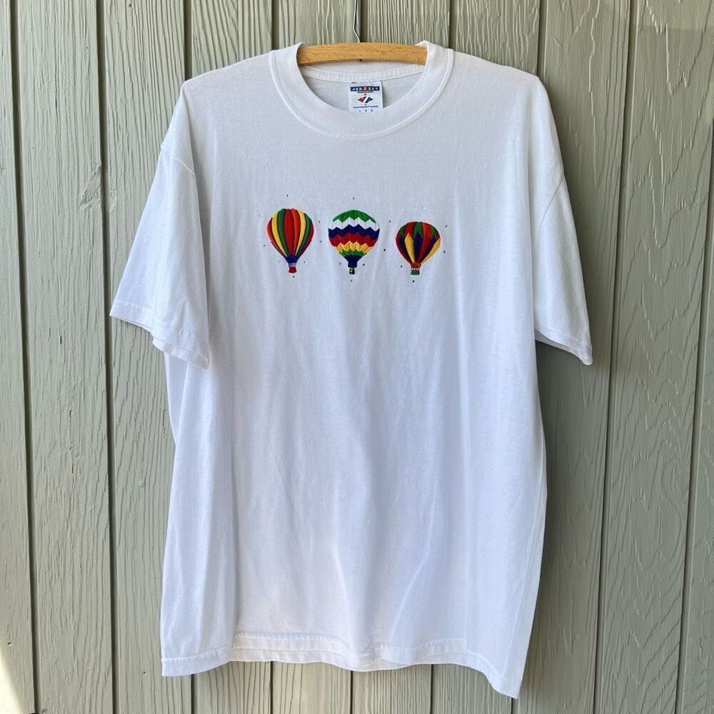 Vintage Jerzees Hot Air Balloon Embroidery White Tee L Heavyweight Blend